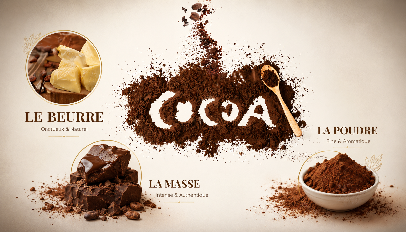 Dérivés du cacao : alcool de cacao, beurre, poudre et gâteau — visuel COCOA.